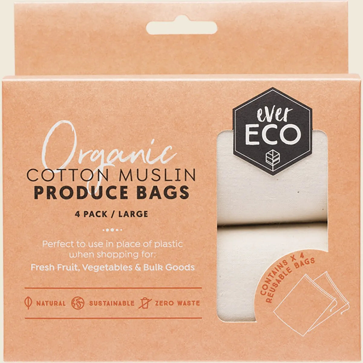 Organic Cotton Muslin Produce Bags : 4 Large
