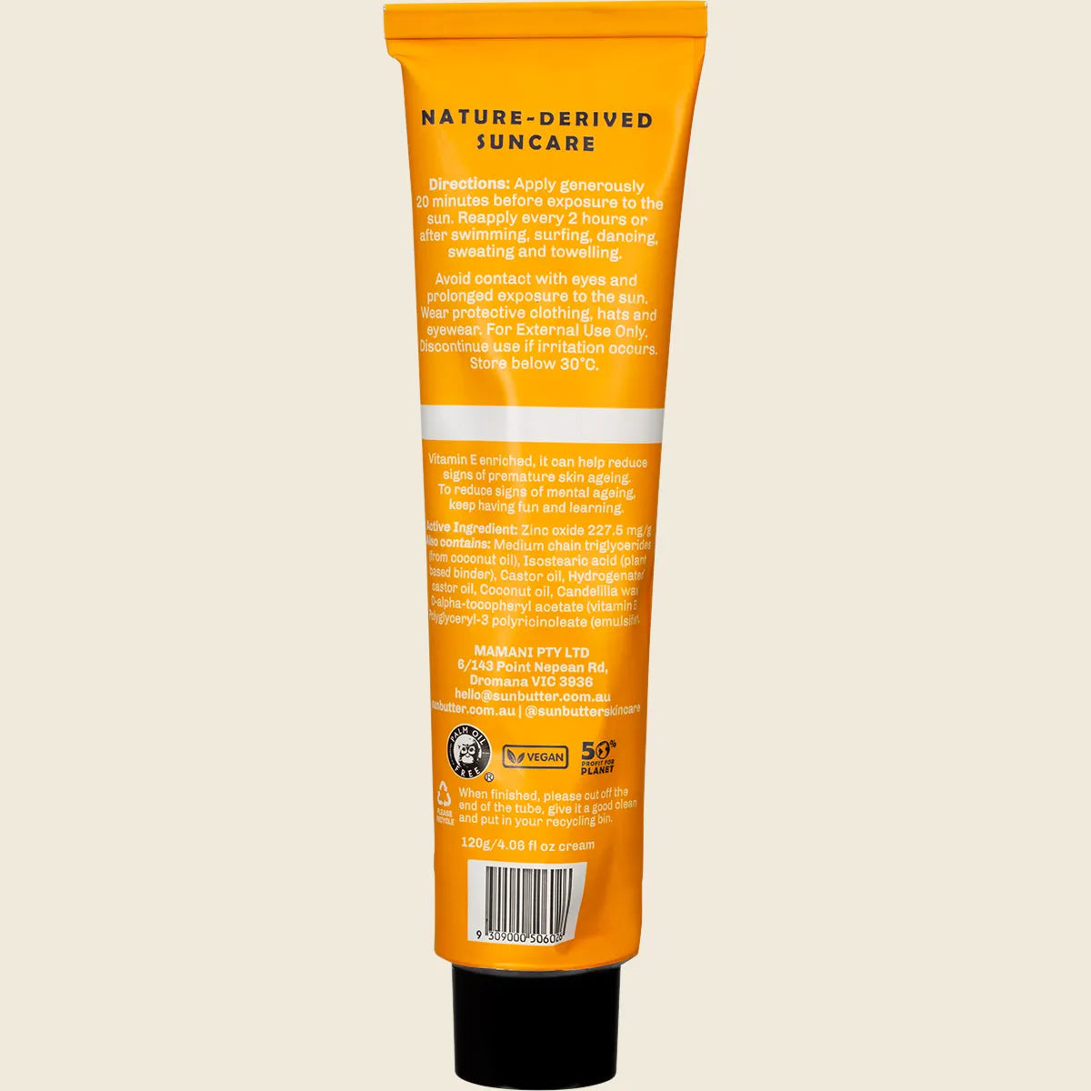 SPF 50 Water Resistant, Reef Safe Sunscreen : 120g TUBE